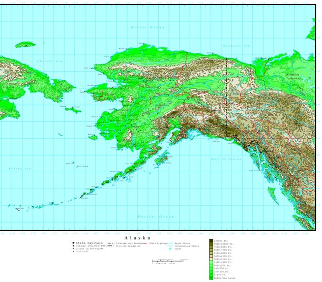 elevation map of Alaska state, AK contour map