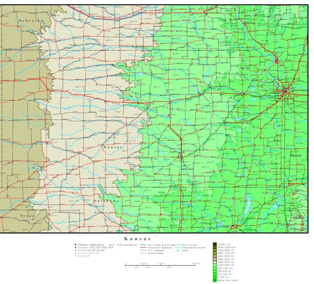 elevation map of Kansas state, KS contour map