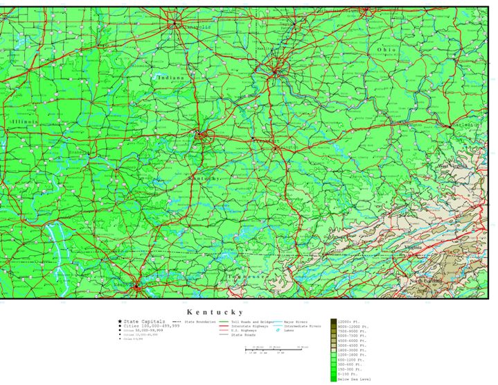elevation map of Kentucky state, KY contour map