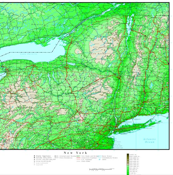 elevation map of New York state, NY contour map