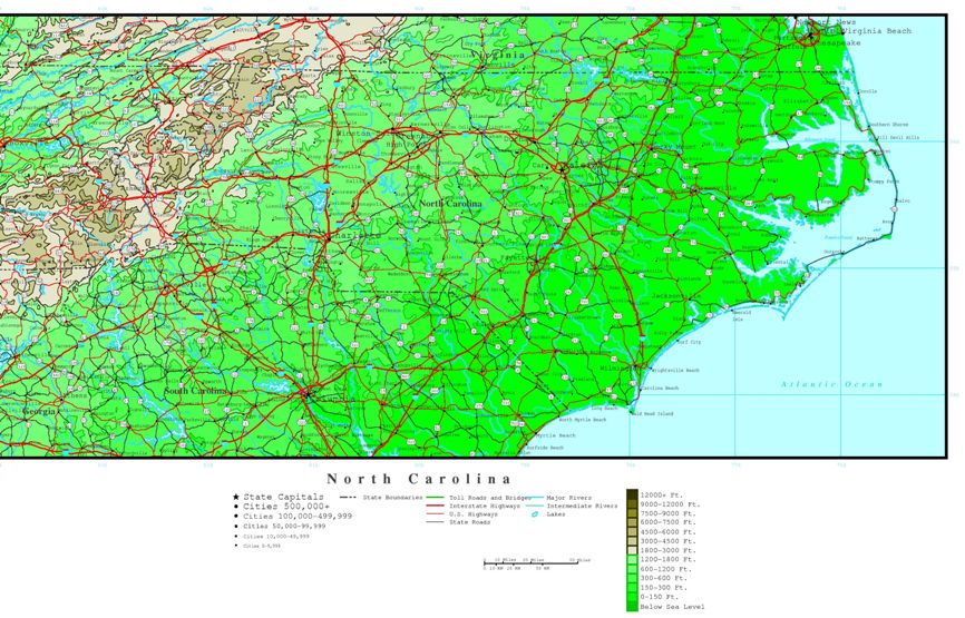 elevation map of North Carolina state, NC contour map