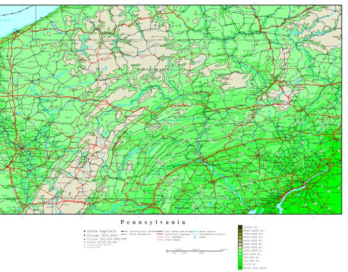 elevation map of Pennsylvania state, PA contour map