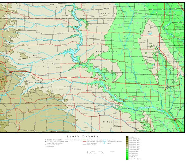 elevation map of South Dakota state, SD contour map