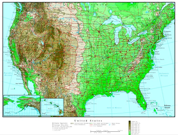 elevation map of United States states, USA contour map