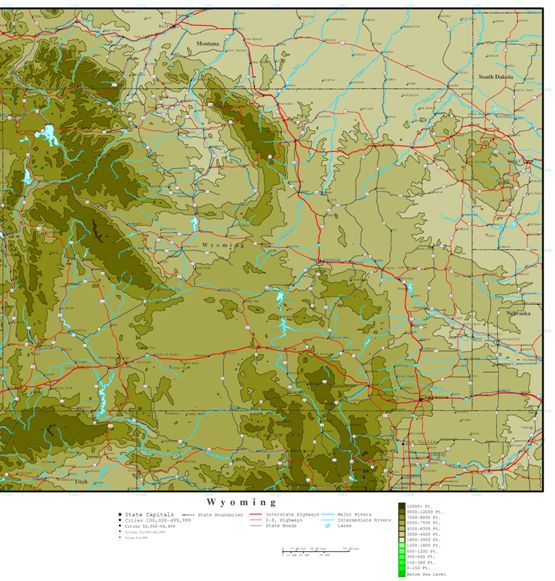 elevation map of Wyoming state, WY contour map