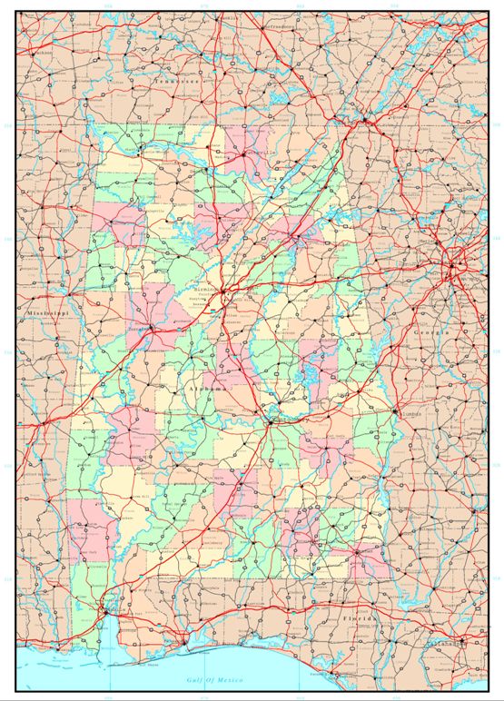 political map of Alabama state, AL color map