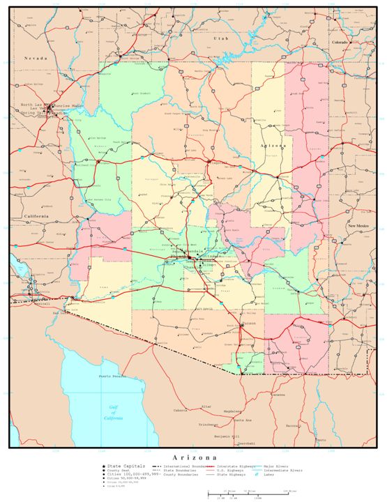 political map of Arizona state, AZ color map