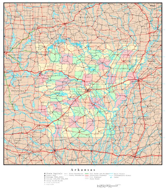 political map of Arkansas state, AR reference map