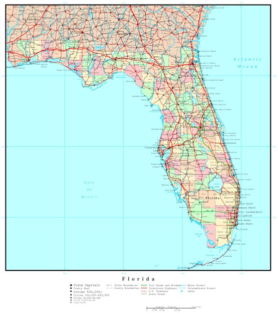 political map of Florida state, FL color map