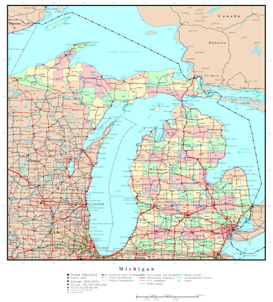political map of Michigan state, MI reference map