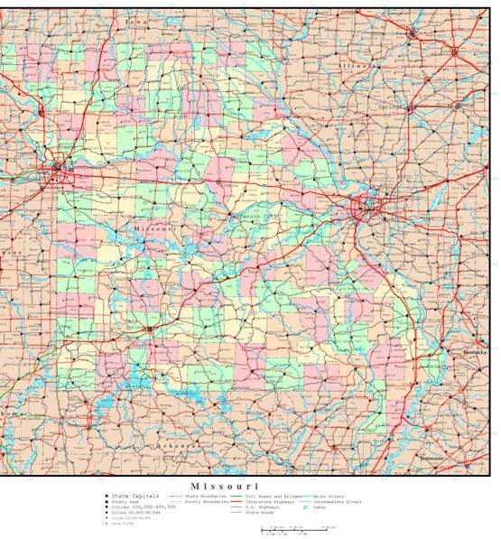 political map of Missouri state, MO color map