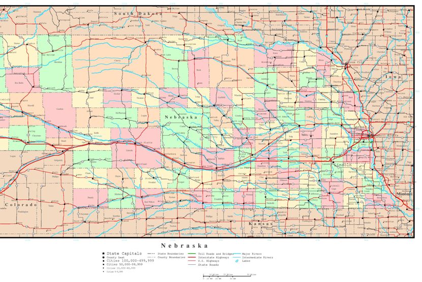 political map of Nebraska state, NE color map