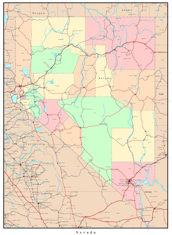 political map of Nevada state, NV reference map