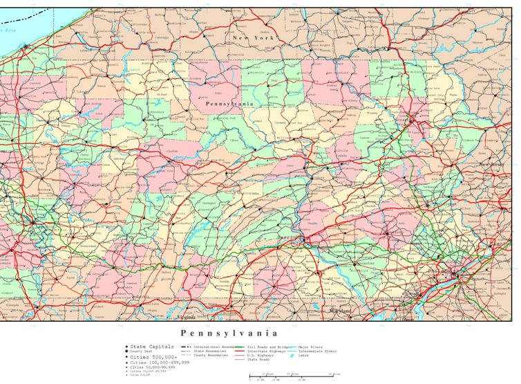 political map of Pennsylvania state, PA reference map