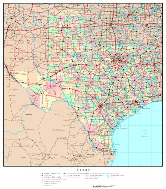 political map of Texas state, TX color map