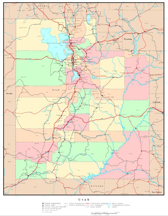 political map of Utah state, UT reference map