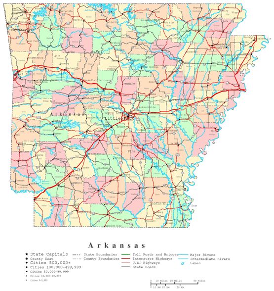 printable map of Arkansas state, AR color map