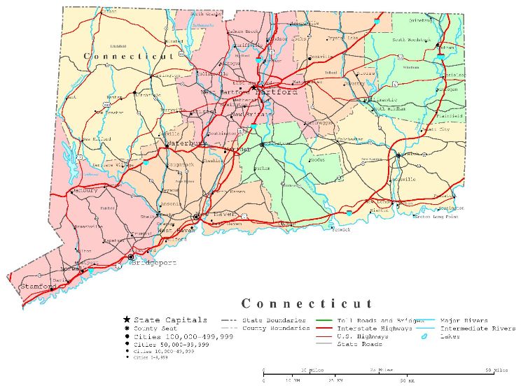 printable map of Connecticut state, CT political map
