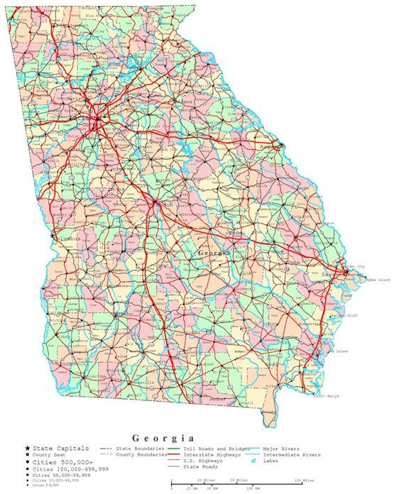 printable map of Georgia state, GA color map