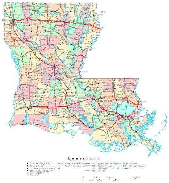 printable map of Louisiana state, LA color map