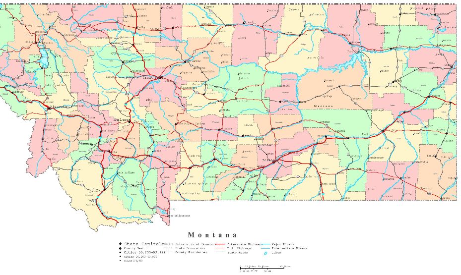 printable map of Montana state, MT color map
