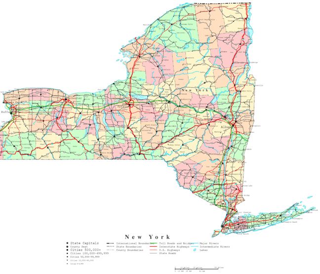 printable map of New York state, NY color map
