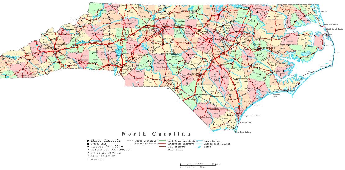 printable map of North Carolina state, NC political map