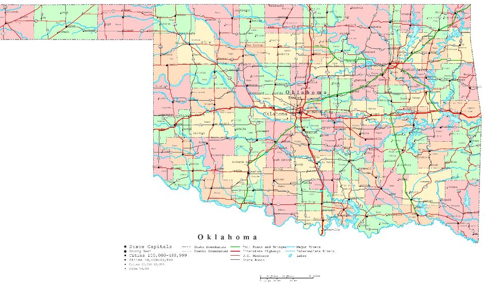 printable map of Oklahoma state, OK color map