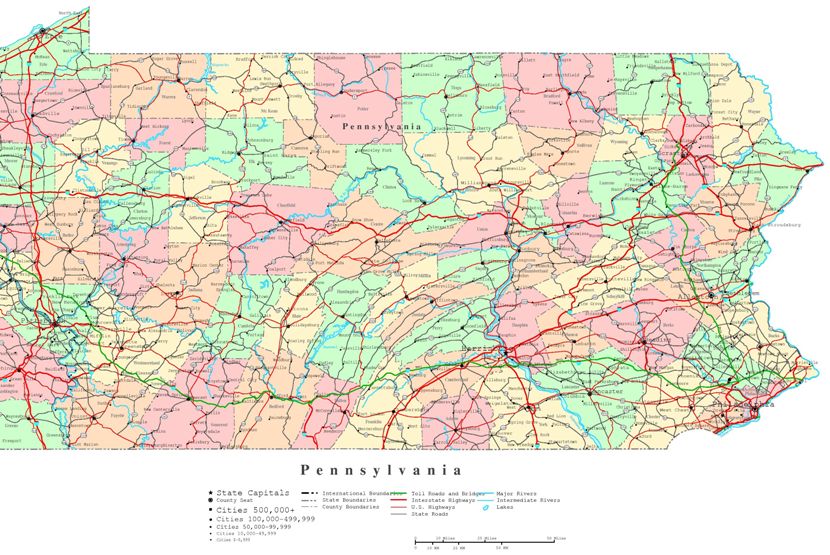 printable map of Pennsylvania state, PA color map