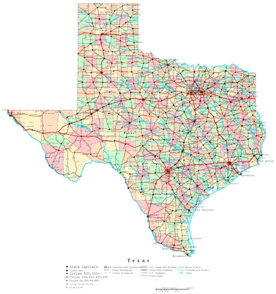 printable map of Texas state, TX political map