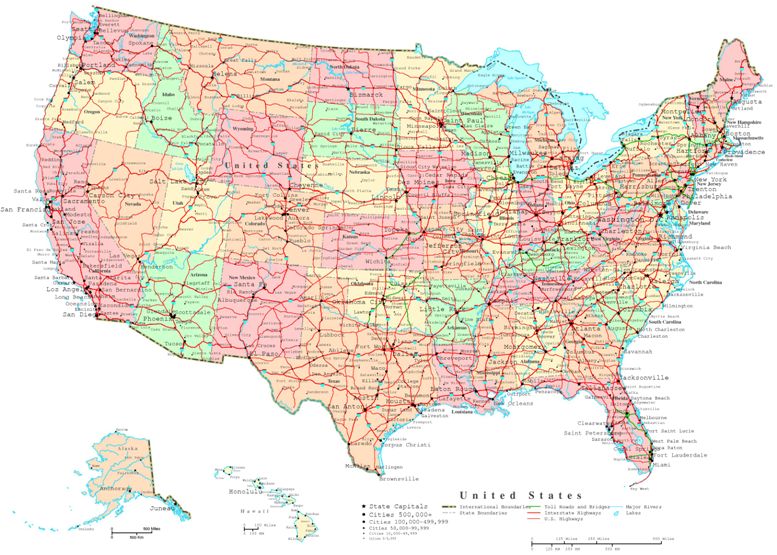 printable map of United States states, USA color map