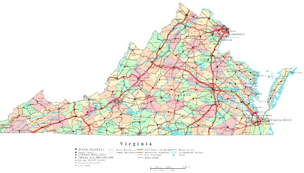 printable map of Virginia state, VA color map