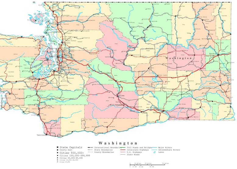 printable map of Washington state, WA political map