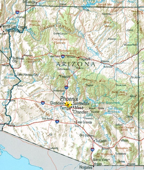 reference map of Arizona state, AZ physical map