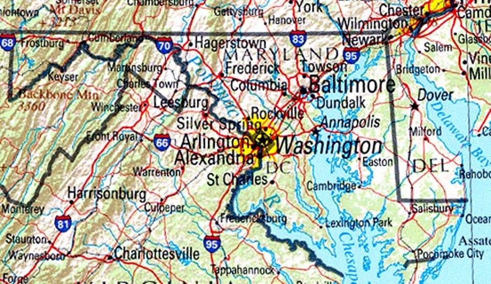 reference map of Maryland and Delaware state, MD physical map
