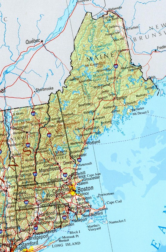 reference map of New England state, MA physical map