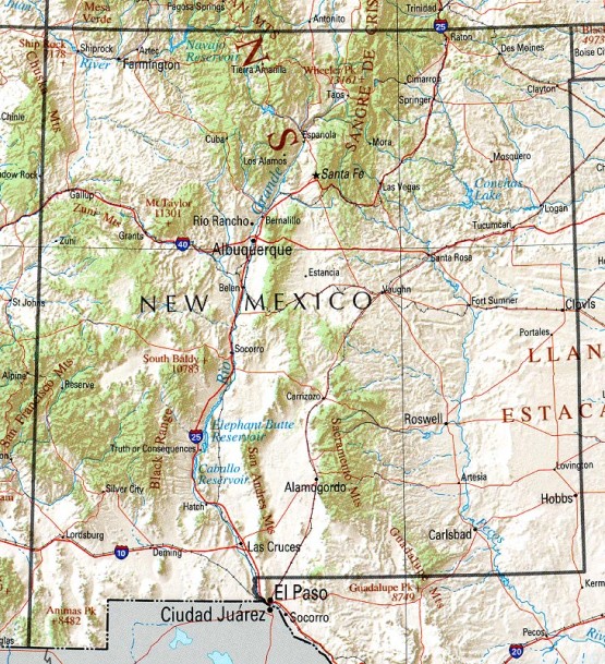 reference map of New Mexico state, NM physical map