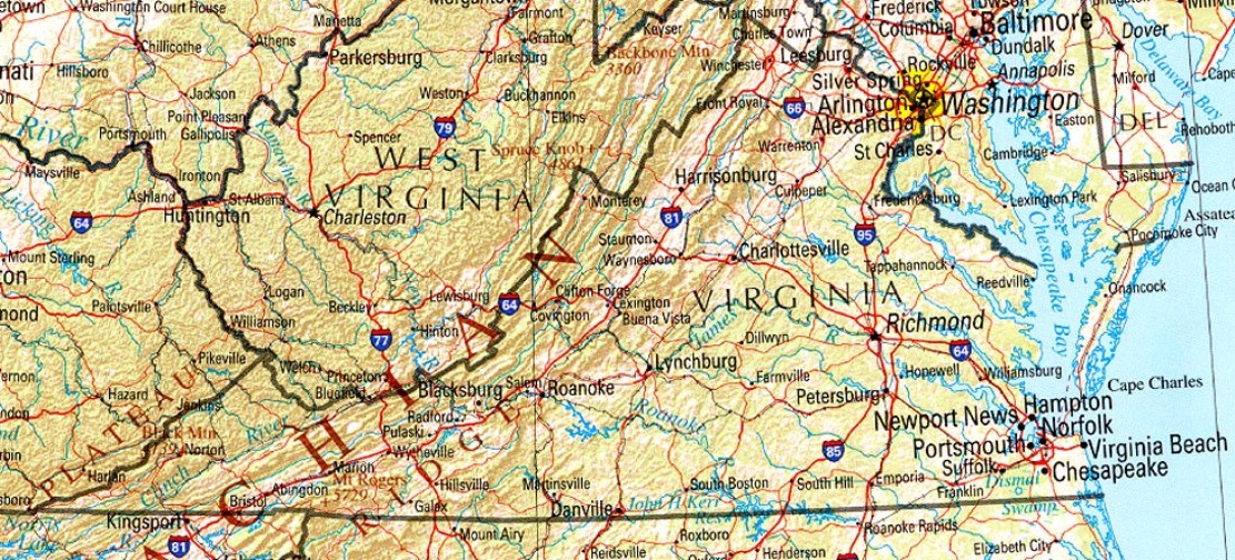 reference map of Virginia state, VA physical map