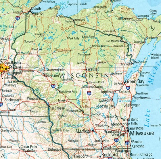 reference map of Wisconsin state, WI geography map