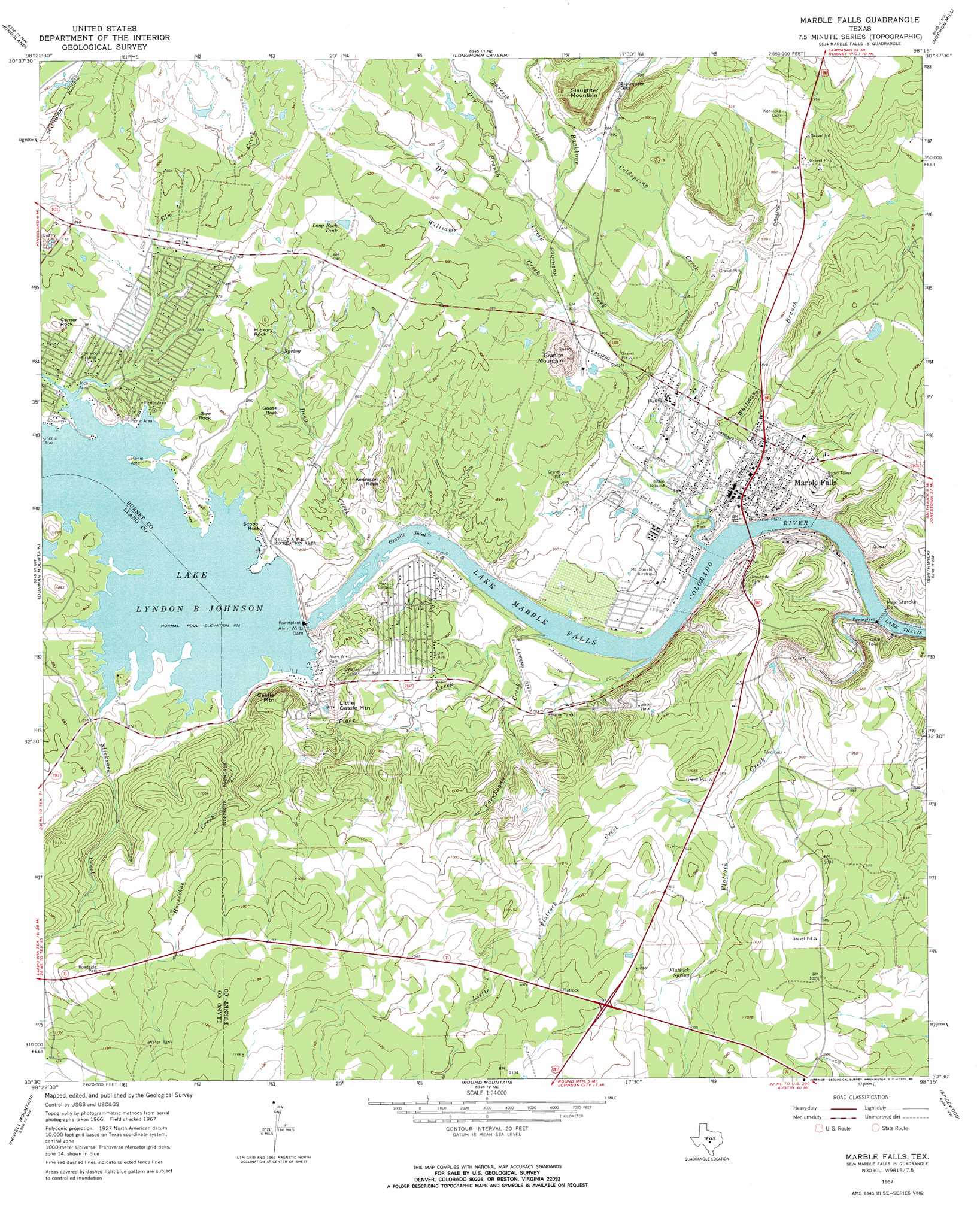 Marble Falls topographic map 124,000 scale, Texas