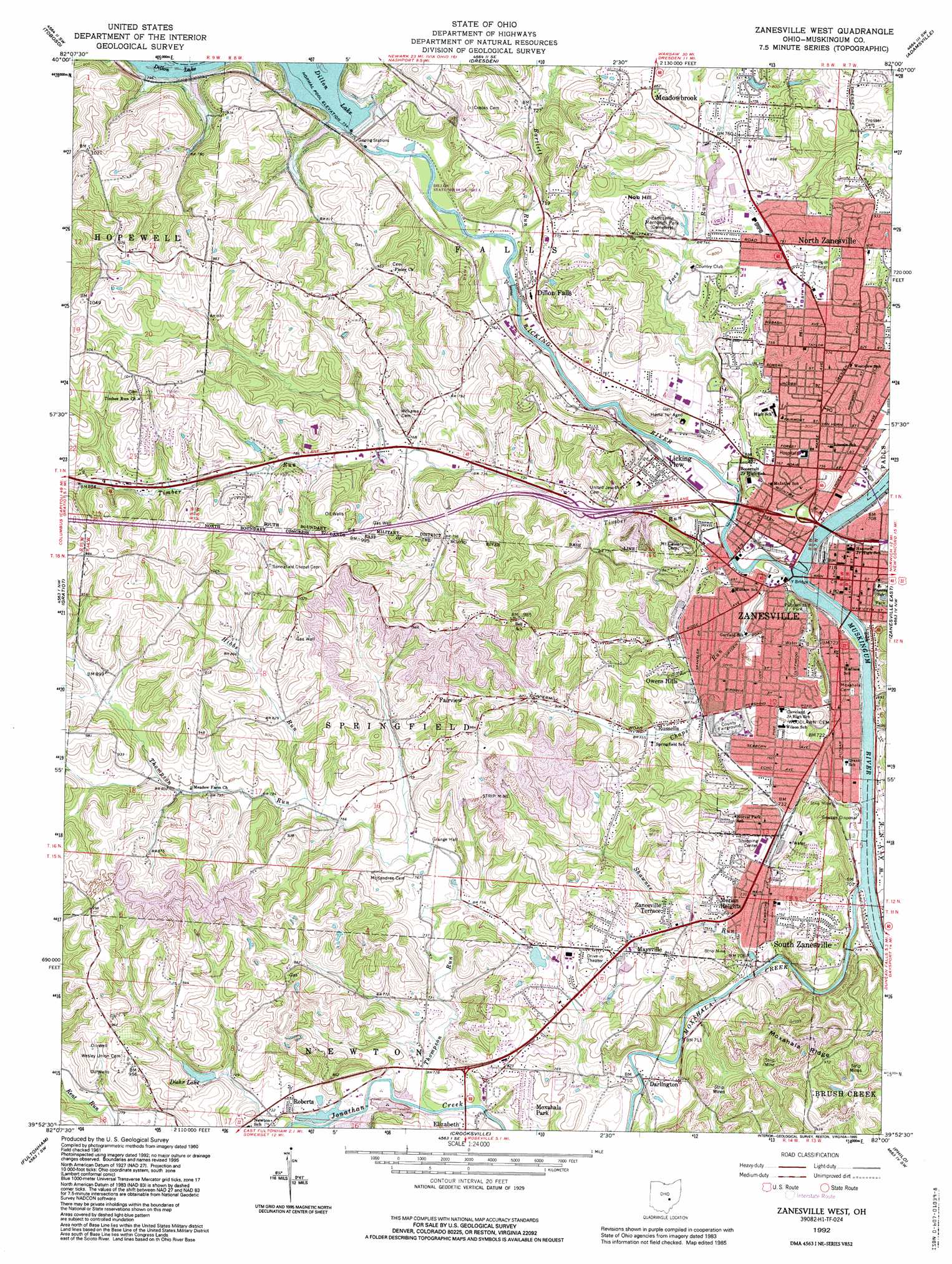 Zanesville West topographic map 1:24,000 scale, Ohio