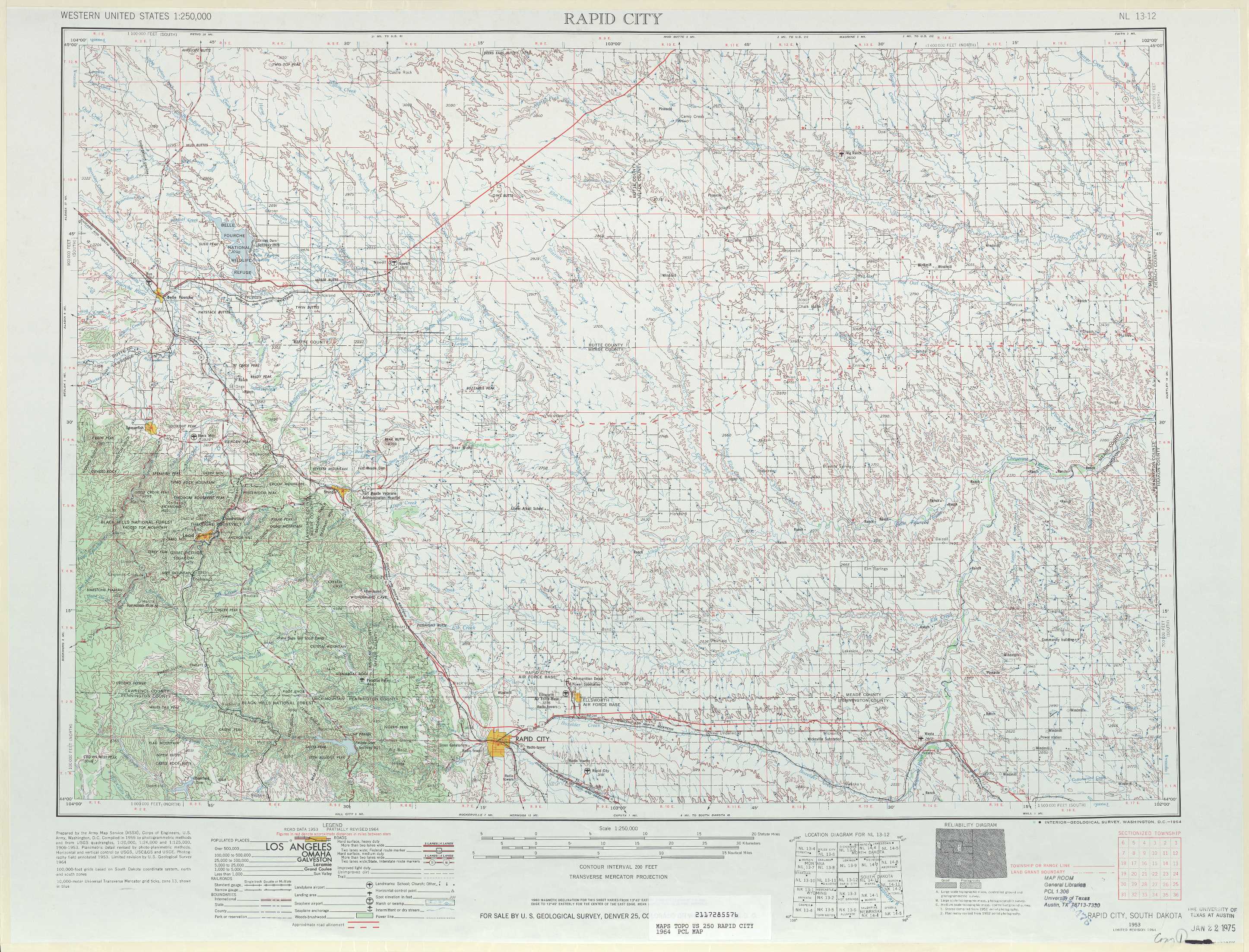 Rapid City topographic map, SD - USGS Topo 1:250,000 scale